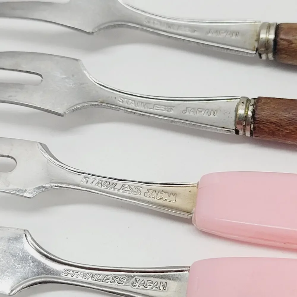 7 Vintage Mini Cocktail Appetizer Forks Stainless Wood Plastic 4